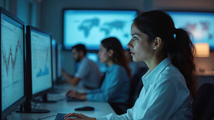 Senior Hispanic woman data scientist works in risk management analyzing financial reports on computer screens. Diverse team of employees collaborate using technology in modern office monitoring room.
