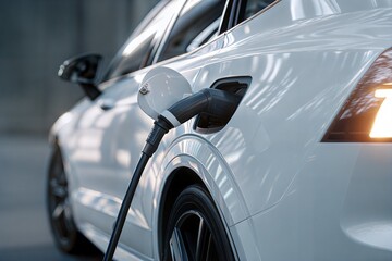 Naklejka premium Close-up of white electric car charging with cable, Clean Energy
