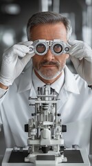 During an eye exam, an optician examines the patient's vision with a phoropter