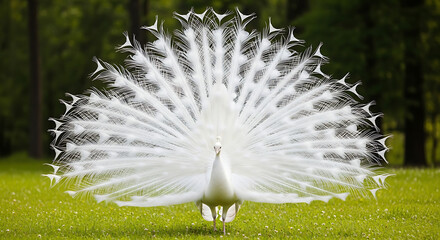 Magnificent white peacock displaying its full fanned tail feathers in a grassy field