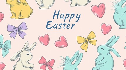 Naklejka premium Happy Easter Illustration with Bunnies,Bows,and Hearts