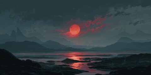 A blood moon rises over a misty mountain range
