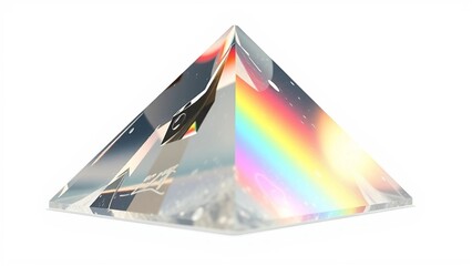 A clear glass pyramid refracts light, casting a vibrant rainbow spectrum onto a light background, showcasing the principles of optics and color dispersion