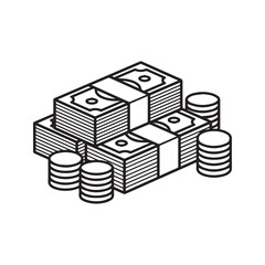 Stacks of money and coins black and white line art. Vector illustration of cash, banknotes and coin piles. Symbol for finance, business, wealth, and banking