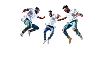 Three energetic men jumping in excitement happy joyful group celebration isolated on white background
