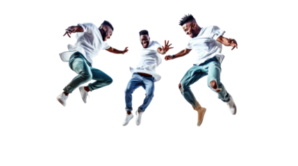 Three energetic men jumping in excitement happy joyful group celebration isolated on white background
