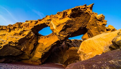 Colorful rock archway under a vibrant sky