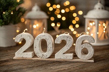 Stylish handwritten number 2026 in modern white script over festive warm glowing fairy lights with soft bokeh, minimal winter lights and elegant trendy design