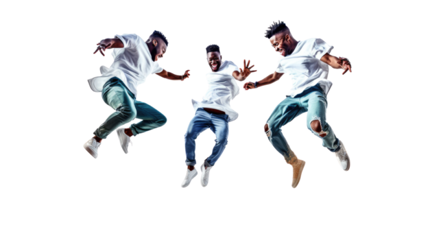 Three energetic men jumping in excitement happy joyful group celebration isolated on white background