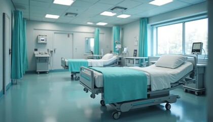 Modern hospital room features adjustable beds with clean teal blankets, advanced medical equipment. Sterile environment with large windows promotes sense of calm, well-being, offering serene space