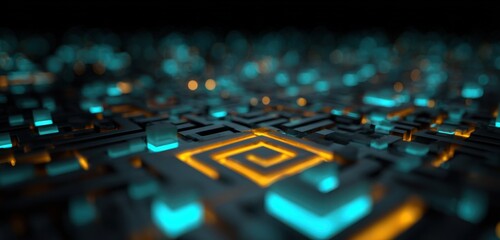 Abstract digital circuit.  Intricate network of dark, cube-shaped components, lit with bright turquoise and golden-orange neon.  Focus is on a central, glowing, spiral pathway.  Complex and detailed