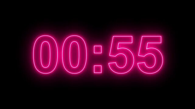 Glowing neon colorful 1 minute countdown animation from 60 seconds to 0 seconds. 1 minute countdown timer on a black background. 4k video
