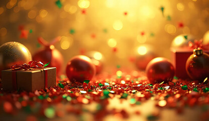 Gold themed Christmas gift box and Christmas background image. Background material. Winter. Gifts. Presents. Celebrate.	
