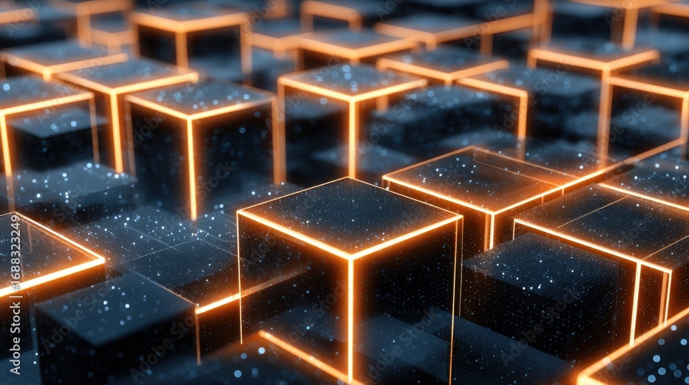 Poster a digital abstract image featuring illuminated cubes, creating a futuristic, tech-inspired atmospher