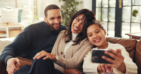 Parents, girl and selfie on sofa with love, smile and bonding for memory in living room at house. People, photography and happiness for profile picture, post for love and social media at family home