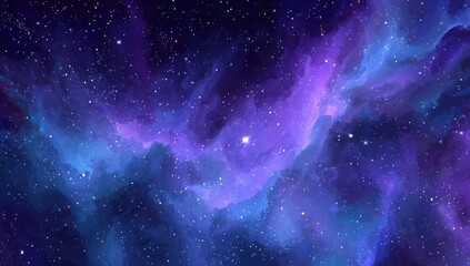 Deep space nebula, vibrant hues of purple and blue, dotted with stars