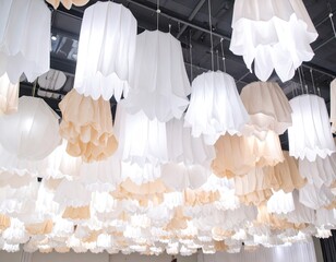 Many pleated, hanging fabric lights, soft cream and white