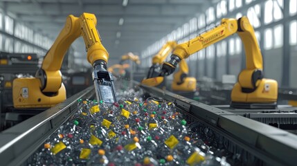 Fototapeta premium Robotic arms sorting plastic waste on a conveyor belt in a modern recycling facility.