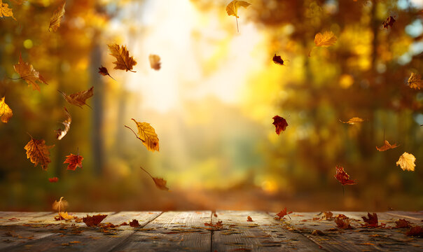 Primer plano de un paisaje oto&ntilde;al hermoso, con hojas ca&iacute;das, fondo de oto&ntilde;o c&aacute;lido, luz del atardecer, cielo al anochecer con colores dorados y anaranjados, ambiente nost&aacute;lgico y sereno, fotograf&iacute;a de