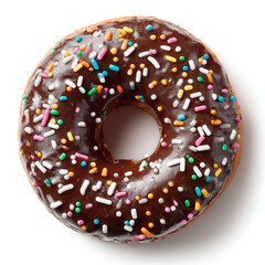 Chocolate frosted donut with colorful sprinkles isolated on white background