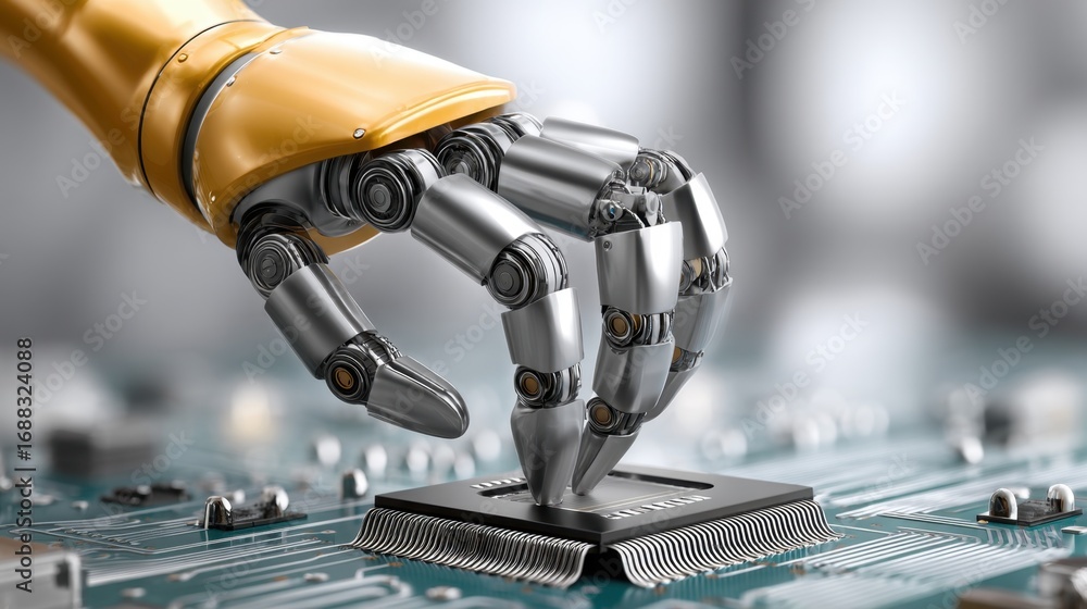 Poster a robotic hand interacts with a microprocessor on a circuit board, showcasing advanced technology an