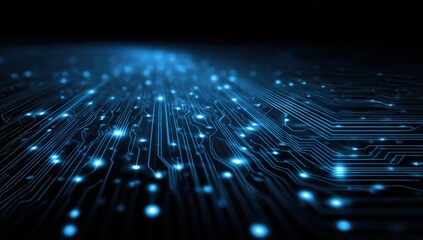 Abstract circuit board with glowing blue pathways.  Dark background, intricate network of lines and dots.  Focus on a flowing, diagonal path