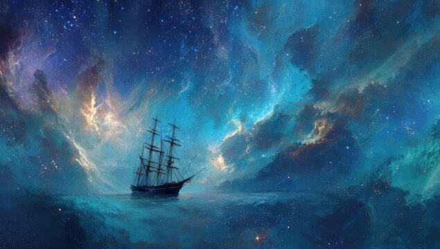 A sailing ship adrift in a starlit nebula