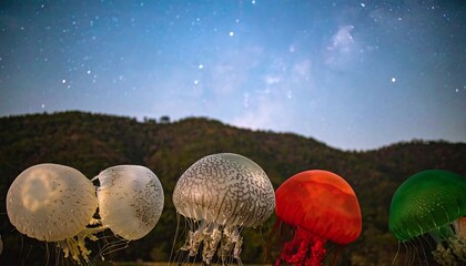 Colorful jellyfish sculptures under a starry night sky