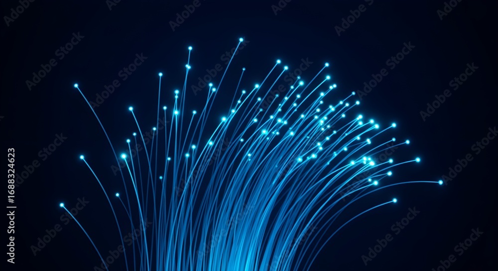 Poster abstract glowing blue tech tunnel with digital lines and floating data elements, perfect for technol
