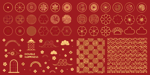 Collection of traditional chinese decorative elements and patterns in gold and red