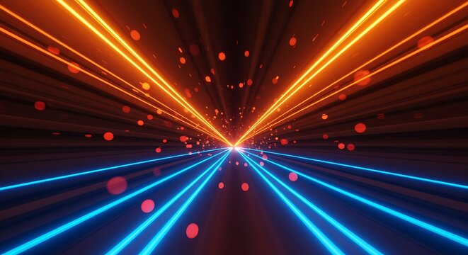 Futuristic digital tunnel with glowing orange and blue neon laser lines converging towards a bright vanishing point.