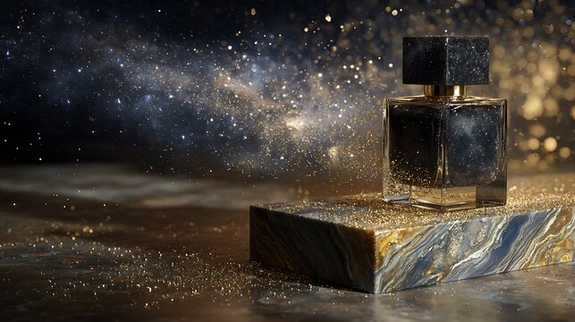 Luxury perfume bottle on marble stand with gold glitter and dark space background shot