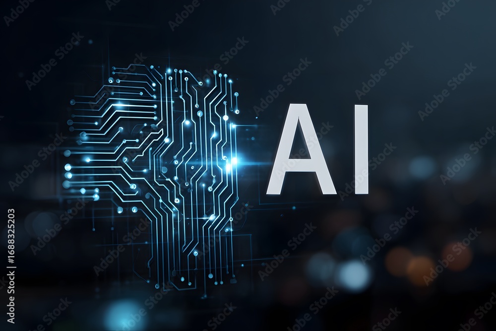 Aufkleber a digital illustration of the ai logo with circuit patterns and glowing effects, set against an abst