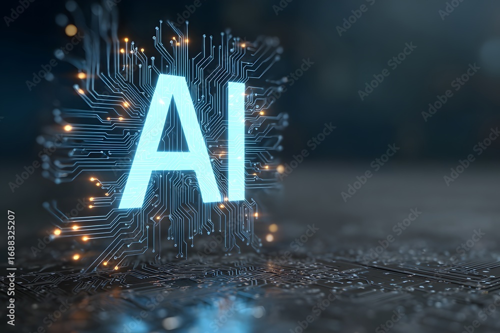 Aufkleber a digital illustration of the ai logo with circuit patterns and glowing effects, set against an abst