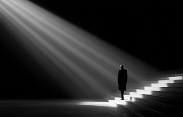 A man stands alone on stairs illuminated with dramatic light.