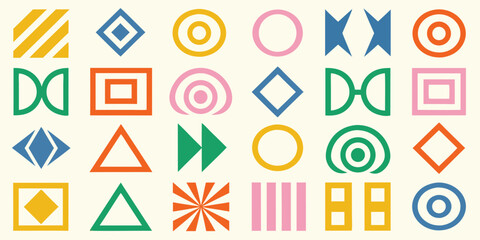 A vibrant collection of abstract geometric shapes and patterns in a playful colorful arrangement