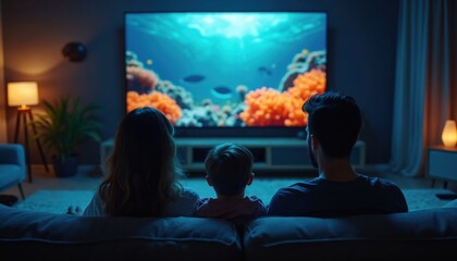 Family enjoys movie night together on couch watching television screen showing underwater ocean scenery. Cozy indoor living room ambiance with warm lighting. Children, parents share quality time,
