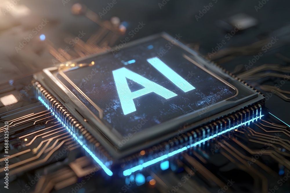 Aufkleber a digital illustration of the ai logo with circuit patterns and glowing effects, set against an abst