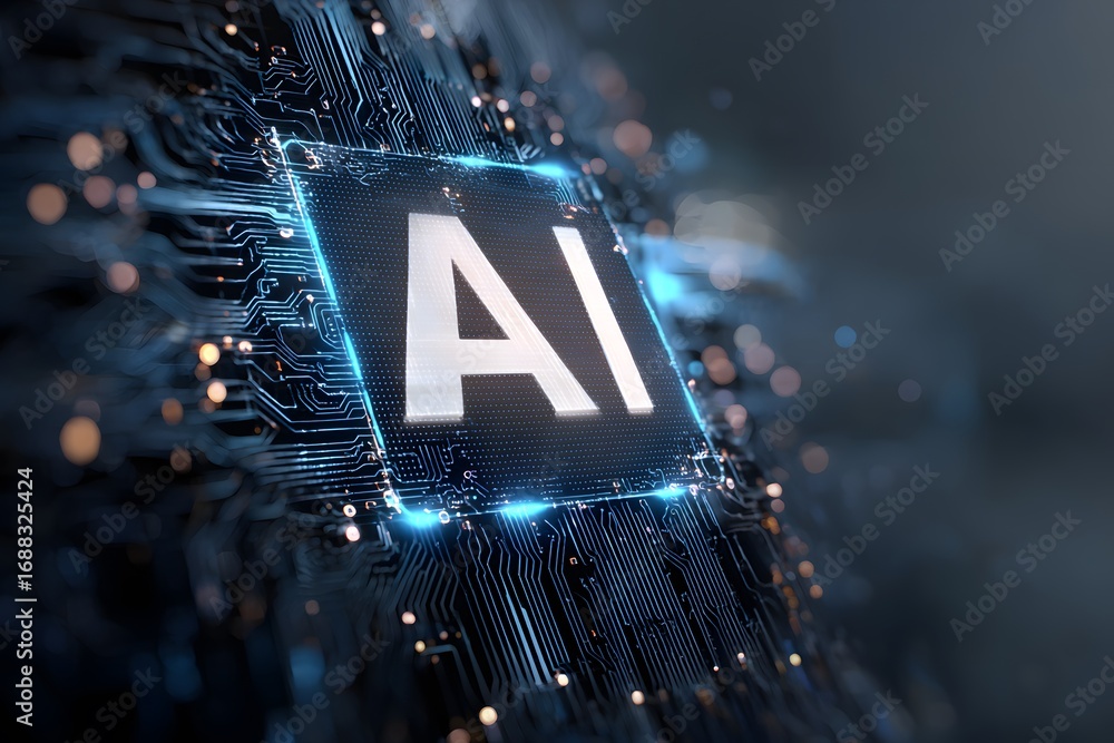 Aufkleber a digital illustration of the ai logo with circuit patterns and glowing effects, set against an abst