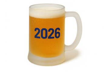 Frosted beer mug showing 2026 on transparent background