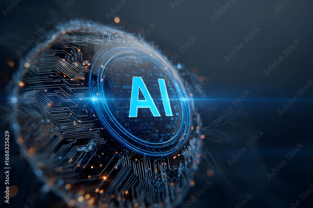Aufkleber a digital illustration of the ai logo with circuit patterns and glowing effects, set against an abst