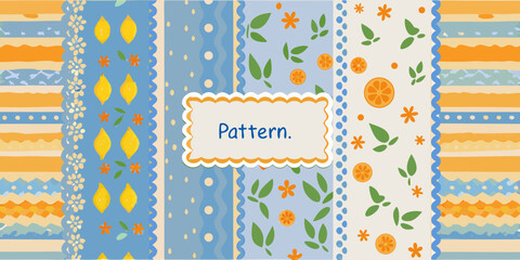 Colorful striped fabric patterns with lemons oranges and flowers