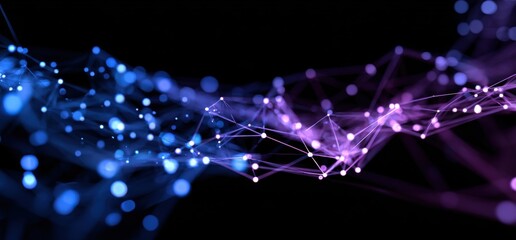 Abstract network of glowing points and lines in shades of blue and purple against a black background