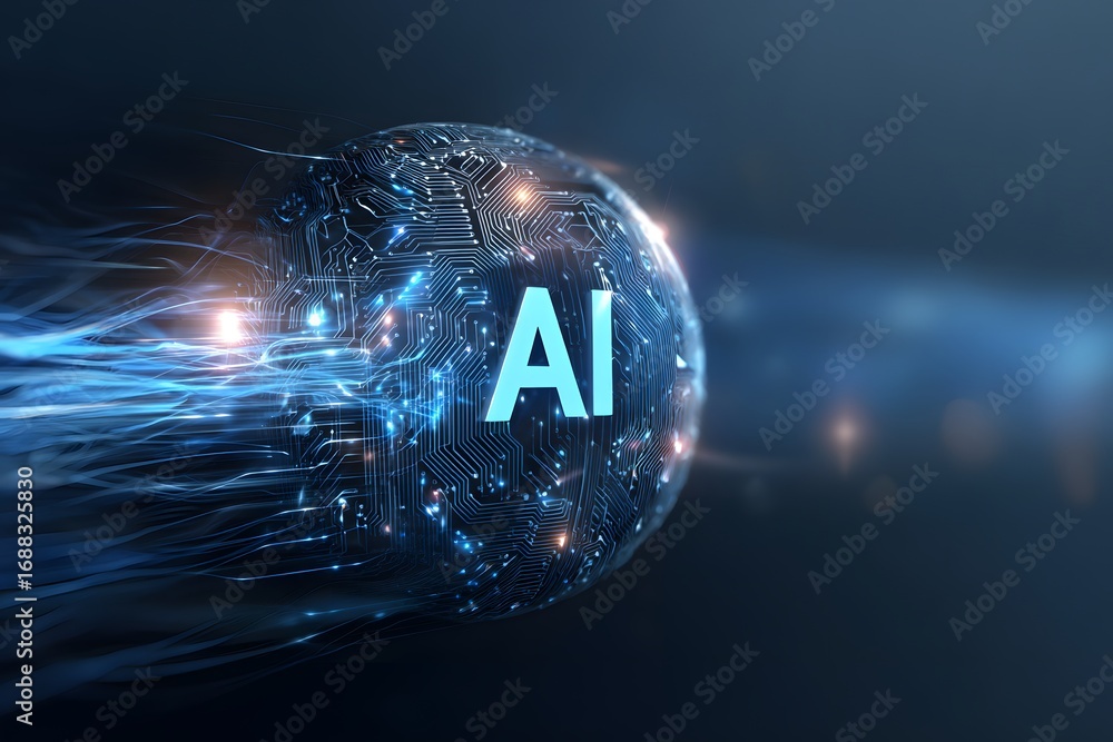 Aufkleber a digital illustration of the ai logo with circuit patterns and glowing effects, set against an abst