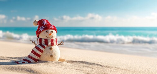 The snowman enjoying a sunny day on the beach with ocean waves.