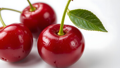 Three glossy red cherries with green stems and a single green leaf, arranged closely together on a white background.