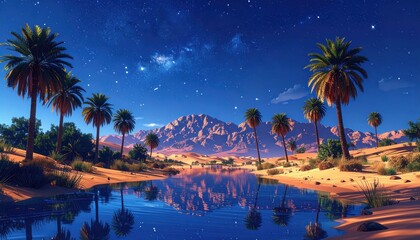 A tranquil desert oasis bathed in starlight, showcasing palm trees lining a serene lake reflecting the night sky.