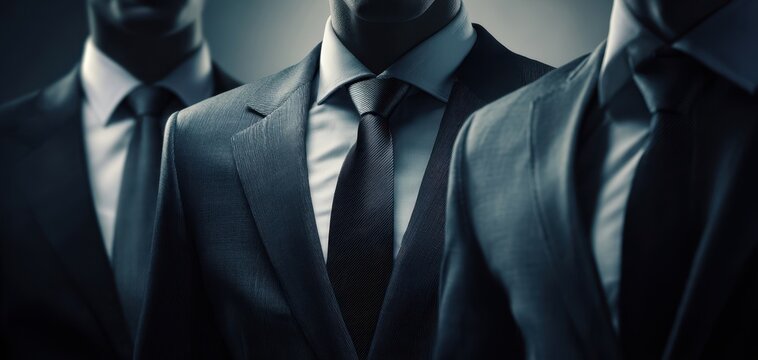 The three confident professionals in tailored suits showcasing modern elegance.