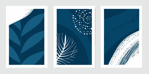 Set of three abstract minimalist art prints featuring dark blue and white organic shapes and textures