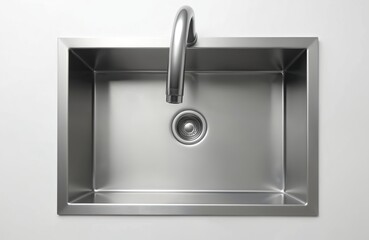 Modern stainless steel kitchen sink with polished chrome faucet, drain. Minimalist design, clean metallic basin with smooth finish. Ideal for contemporary home interiors, promoting hygiene,